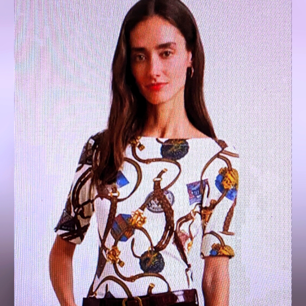 🌹NWT LAUREN RALPH LAUREN BELTING PRINT STRETCH COTTON BOATNECK TEE